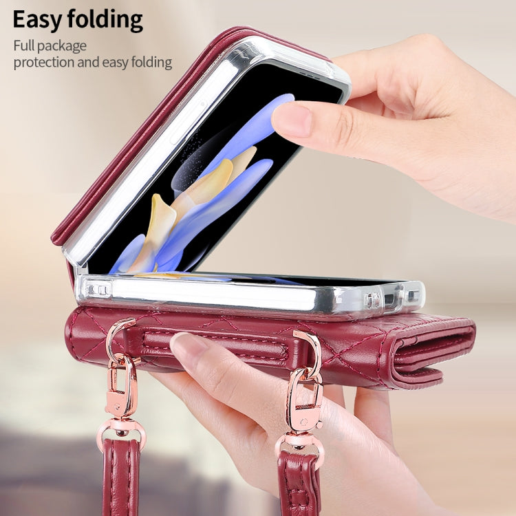 For Samsung Galaxy Z Flip5 VIETAO Rhombic Texture Wallet PU Phone Case with Long Lanyard(Red)