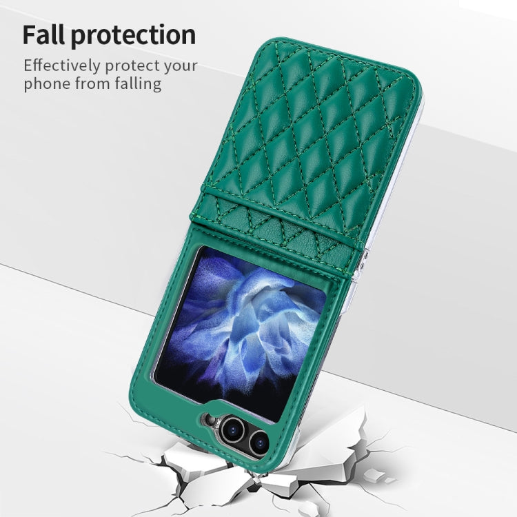 For Samsung Galaxy Z Flip5 VIETAO Rhombic Texture PU Card Slot Phone Case with Lanyard(Green)