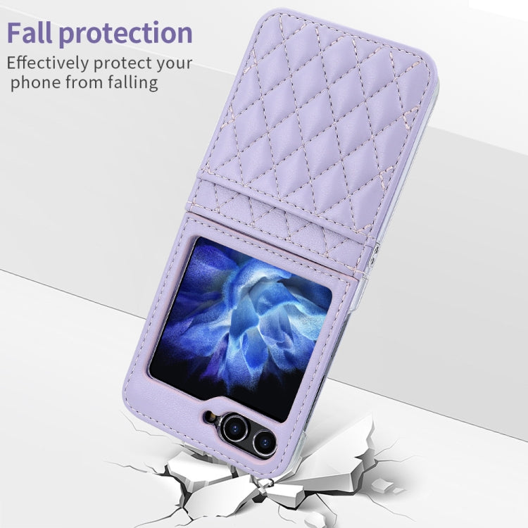 For Samsung Galaxy Z Flip5 VIETAO Rhombic Texture PU Card Slot Phone Case with Lanyard(Purple)