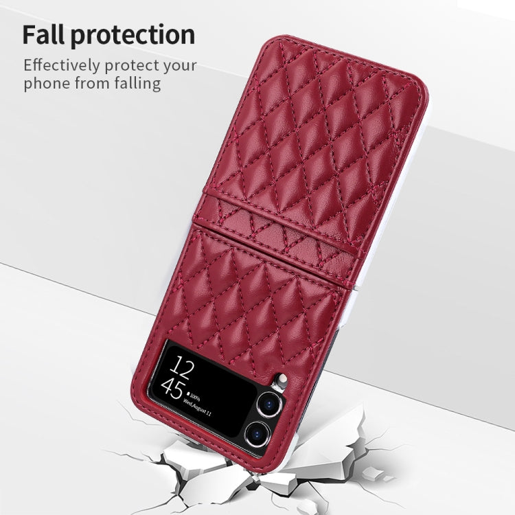 For Samsung Galaxy Z Flip4 VIETAO Rhombic Texture PU Card Slot Phone Case with Lanyard(Red)