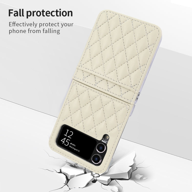 For Samsung Galaxy Z Flip4 VIETAO Rhombic Texture PU Card Slot Phone Case with Lanyard(Beige)