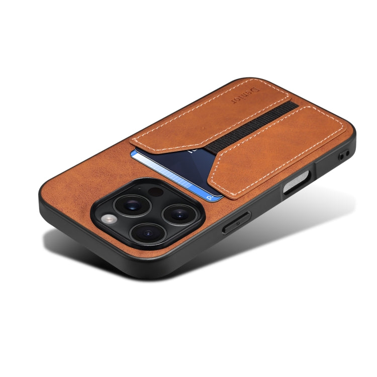 For iPhone 16 Pro Denior D07 DV Elastic Card Slot PU Back Cover Phone Case(Brown)