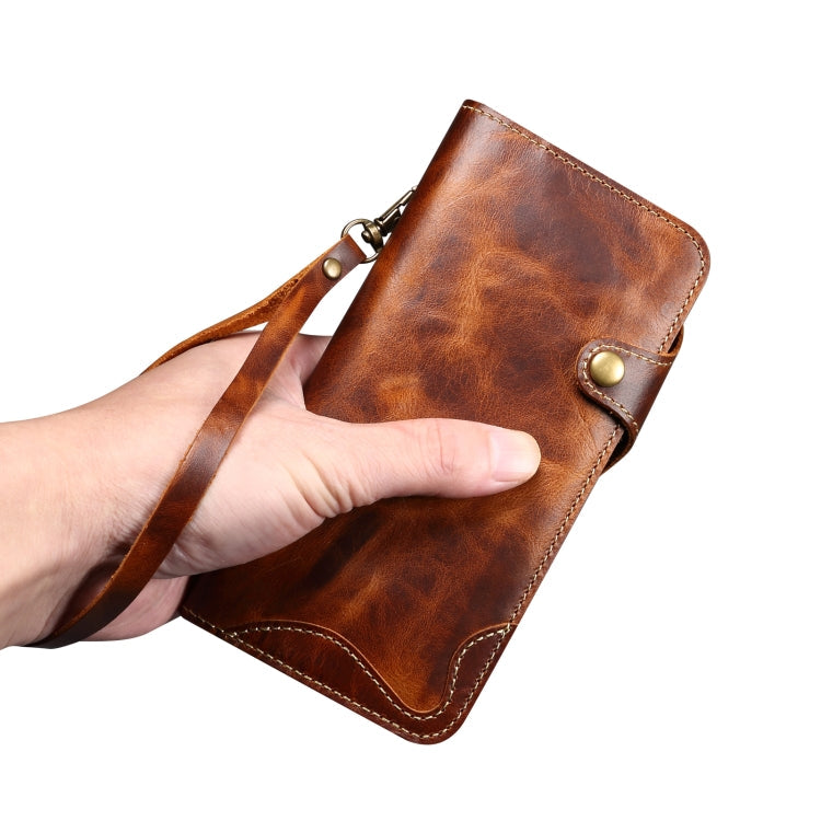 For iPhone 16 Denior B01 Oil Wax Cowhide Magnetic Button Genuine Leather Case(Red)