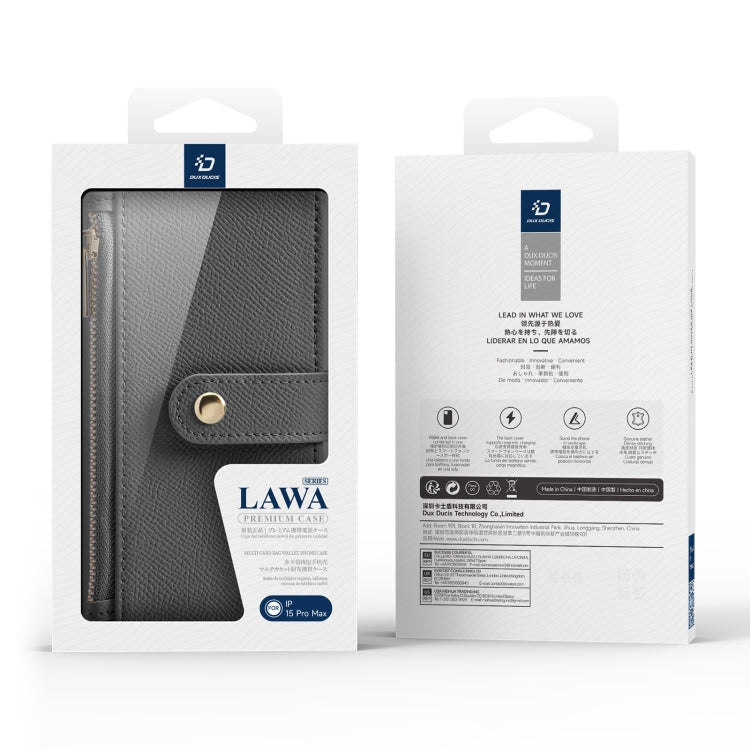 For iPhone 15 Pro Max DUX DUCIS Lawa Series 2 in 1 Wallet Zipper Detachable MagSafe Phone Case with Lanyard(Grey)