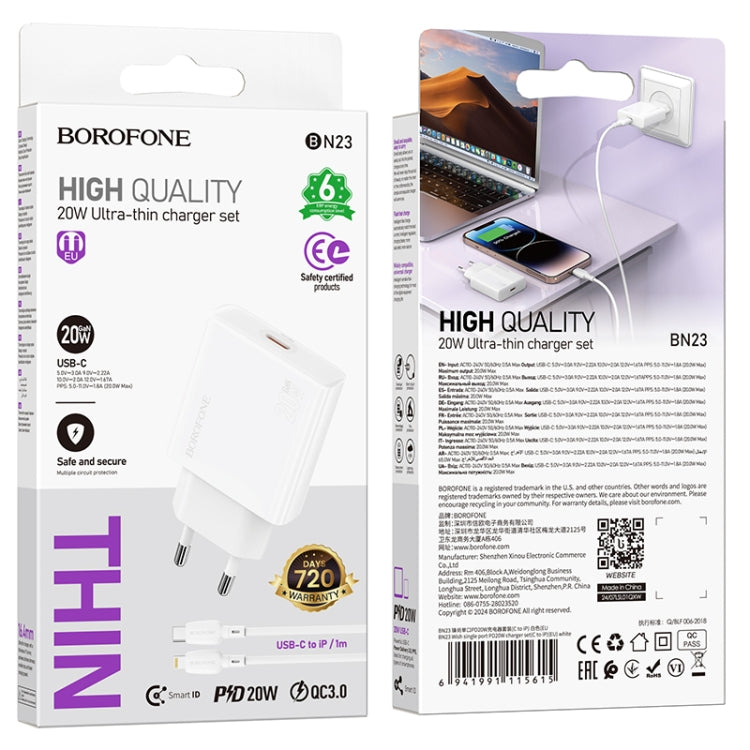 BOROFONE BN23 PD 20W Type-C Charger with 1m Type-C to 8 Pin Cable Set, Plug Type:EU Plug(White)
