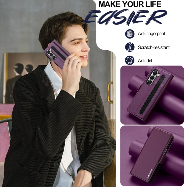 For Samsung Galaxy Z Fold5 LC.IMEEKE L1 Series Frosted Fine Texture PU Phone Case with Pen Slot, Pen Not Included(Purple)