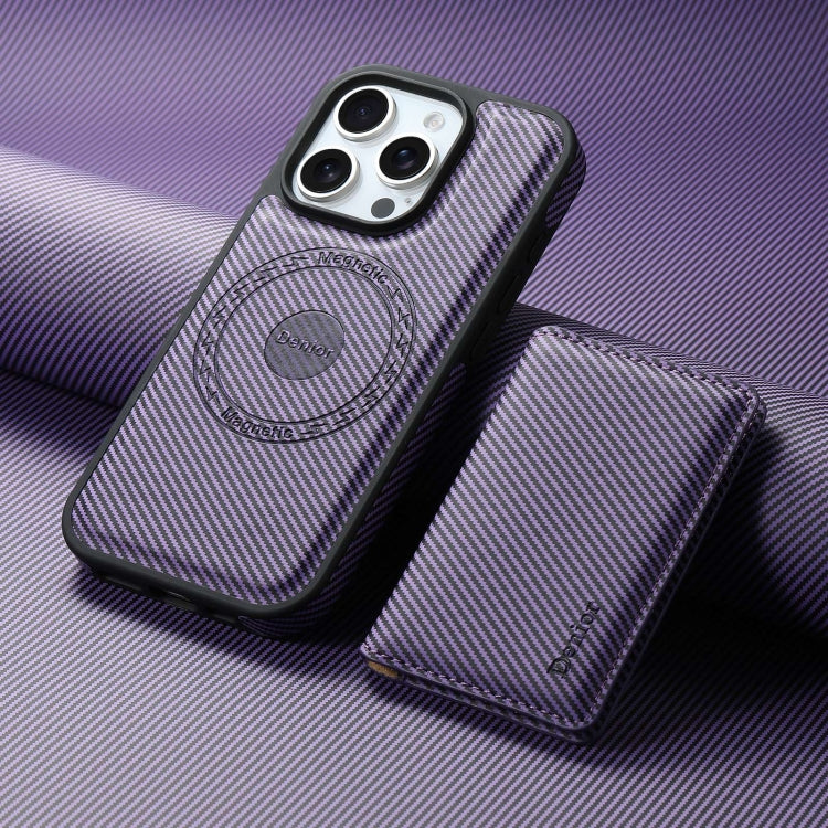 For iPhone 16 Pro Max Denior Carbon Fiber Texture Leather Card Bag MagSafe Phone Case(Purple)