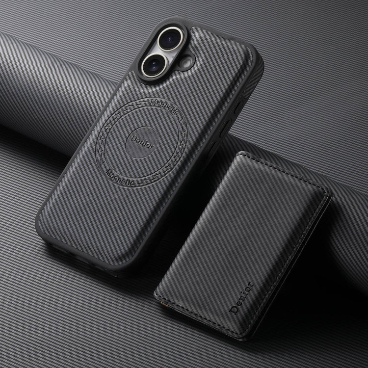 For iPhone 16 Plus Denior Carbon Fiber Texture Leather Card Bag MagSafe Phone Case(Black)