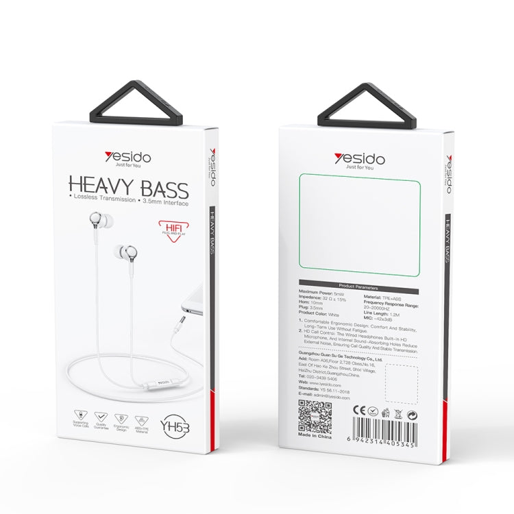 Yesido YH53 3.5mm In-Ear Wired Earphone, Length: 1.2m(White)