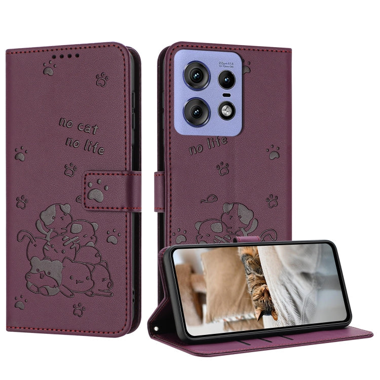 Embossed Kitten Phone Leather Case with Lanyard, For Motorola Moto G85, For Motorola Edge 2024 5G, For Motorola Edge 50 Ultra, For Motorola Edge 50 Pro