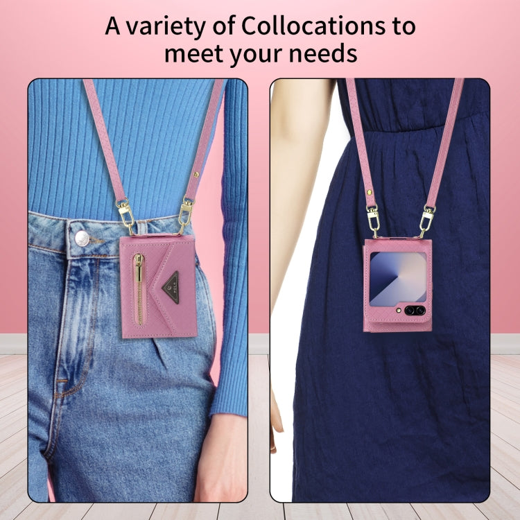 For Samsung Galaxy Z Flip6 POLA Grid Texture Multi-Card Slots Zipper Wallet Phone Case(Pink)