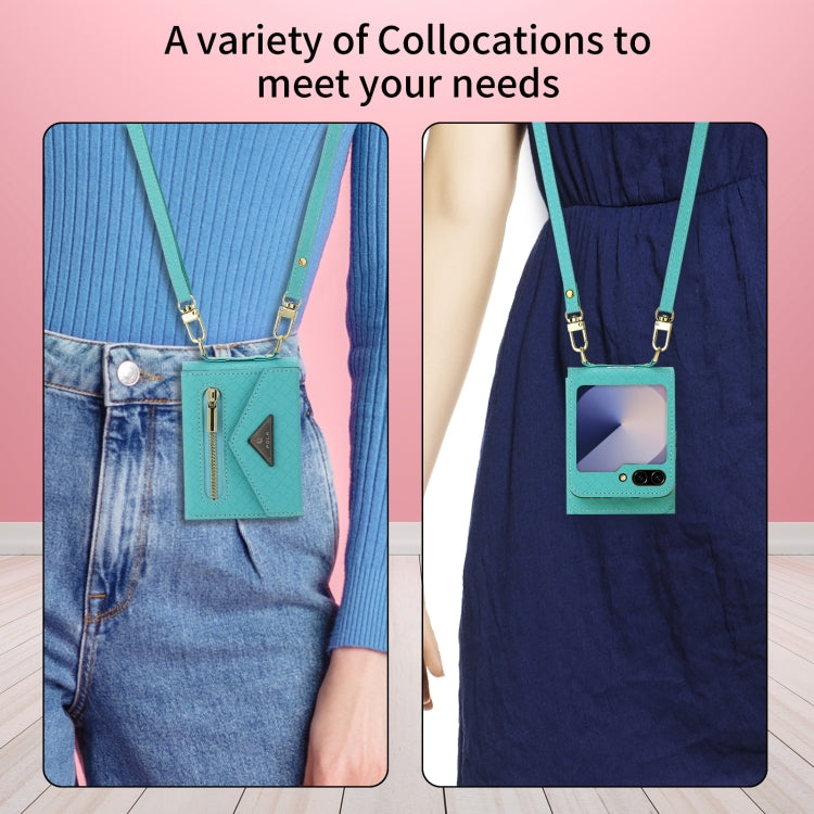 For Samsung Galaxy Z Flip6 POLA Grid Texture Multi-Card Slots Zipper Wallet Phone Case(Blue)