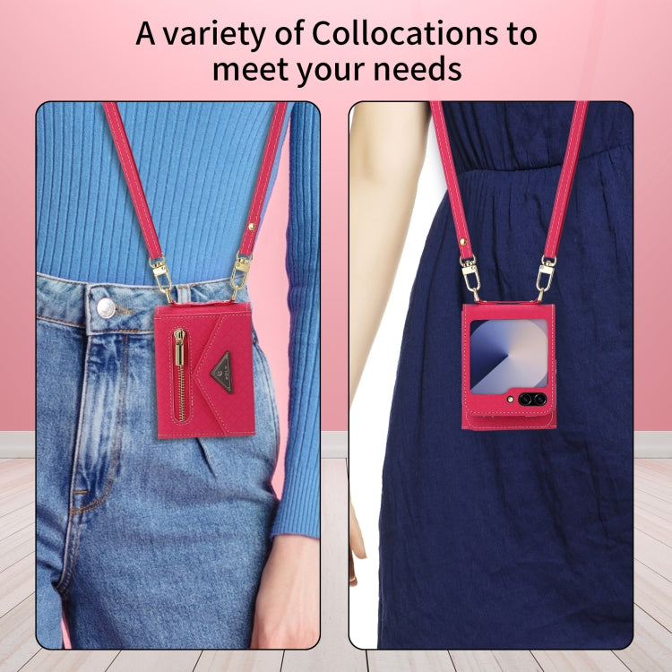 For Samsung Galaxy Z Flip6 POLA Grid Texture Multi-Card Slots Zipper Wallet Phone Case(Rose Red)