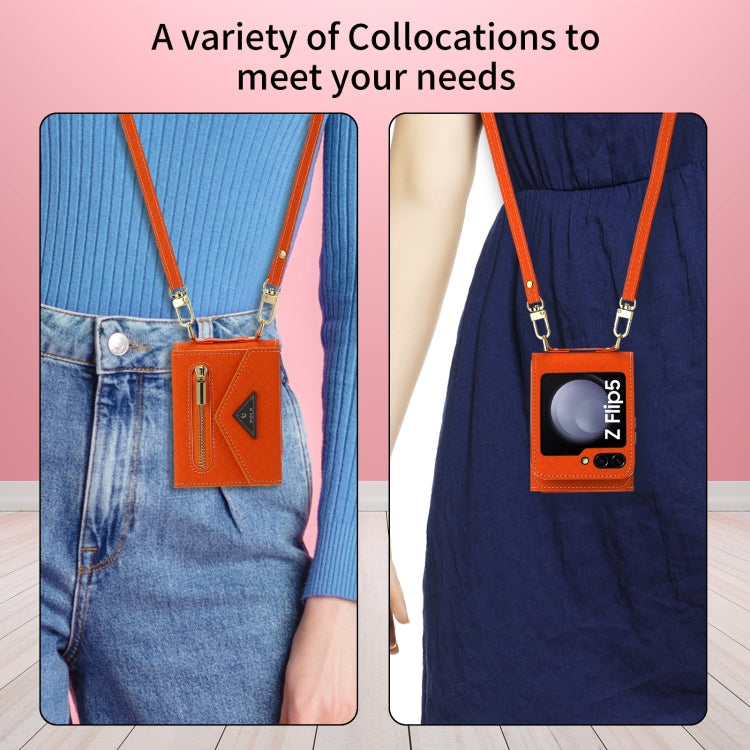 For Samsung Galaxy Z Flip5 POLA Grid Texture Multi-Card Slots Zipper Wallet Phone Case(Orange)