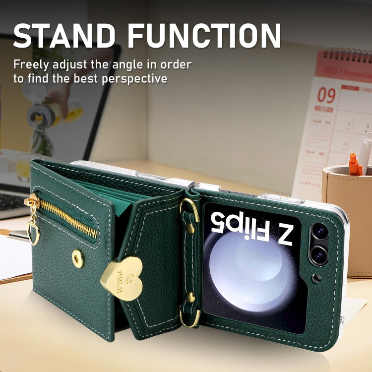 For Samsung Galaxy Z Flip5 POLA Litchi Texture Love Buckle Multi-Card Slots Zipper Wallet Phone Case(Green)