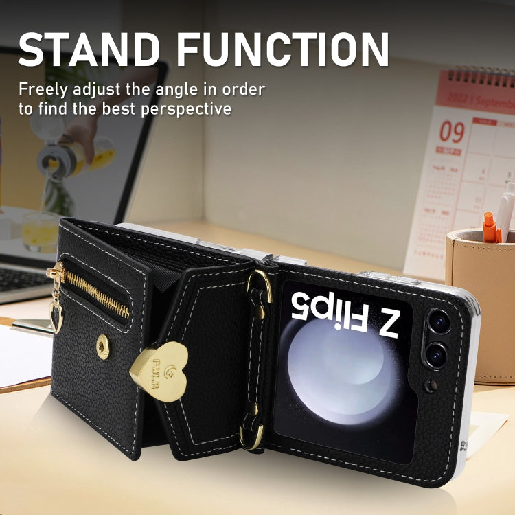 For Samsung Galaxy Z Flip5 POLA Litchi Texture Love Buckle Multi-Card Slots Zipper Wallet Phone Case(Black)