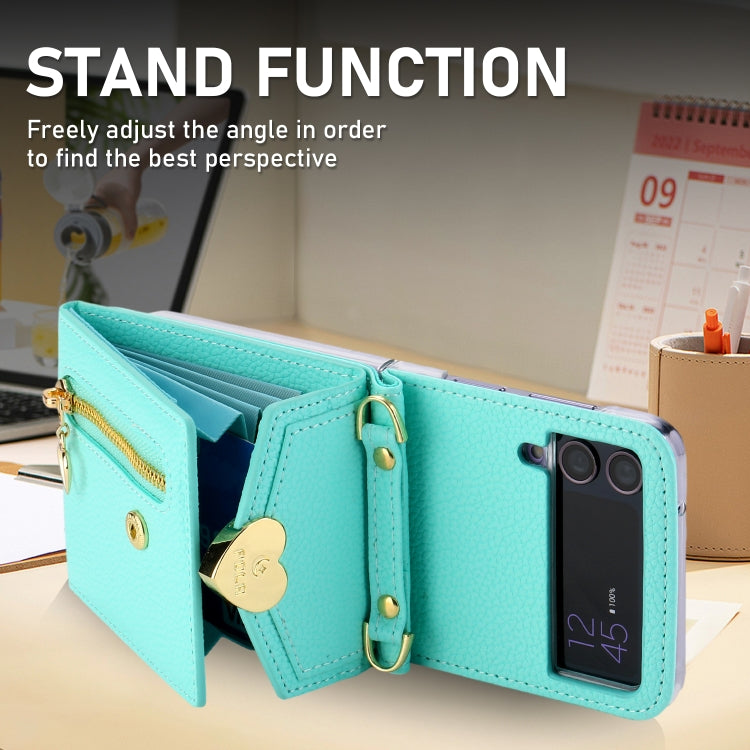 For Samsung Galaxy Z Flip4 POLA Litchi Texture Love Buckle Multi-Card Slots Zipper Wallet Phone Case(Blue)