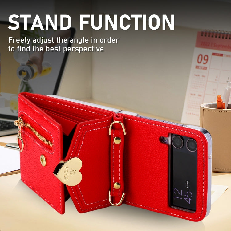 For Samsung Galaxy Z Flip4 POLA Litchi Texture Love Buckle Multi-Card Slots Zipper Wallet Phone Case(Red)