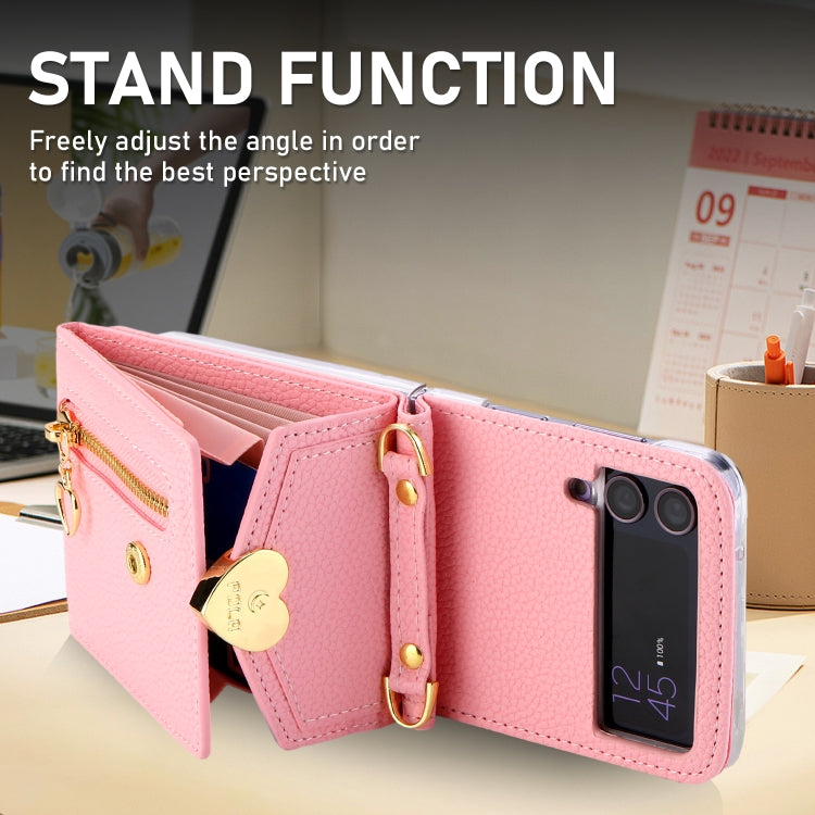 For Samsung Galaxy Z Flip4 POLA Litchi Texture Love Buckle Multi-Card Slots Zipper Wallet Phone Case(Pink)