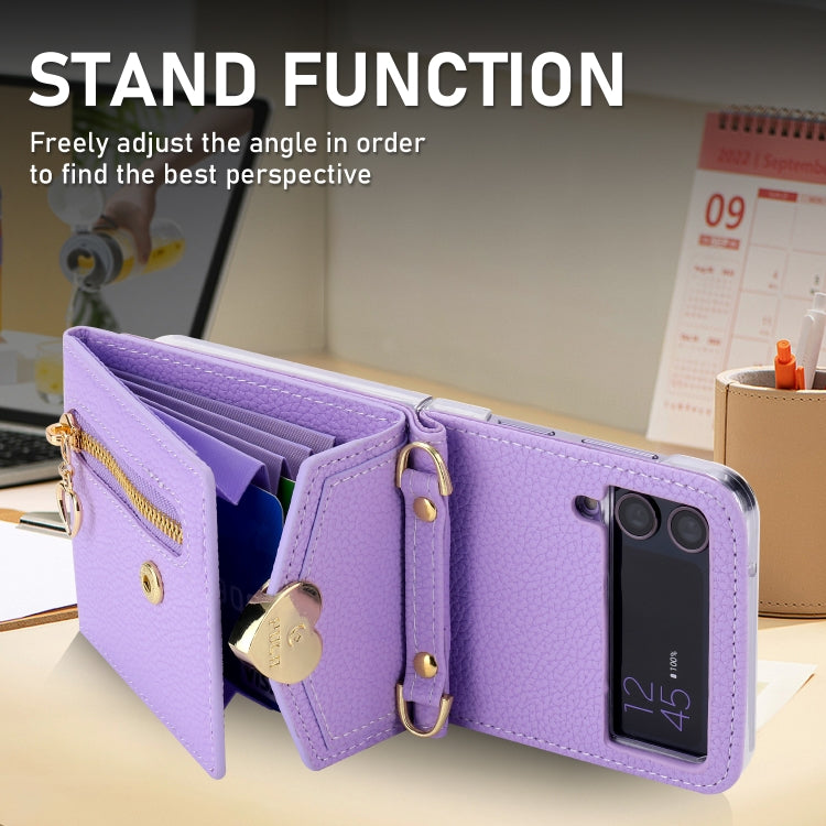 For Samsung Galaxy Z Flip3 5G POLA Litchi Texture Love Buckle Multi-Card Slots Zipper Wallet Phone Case(Purple)