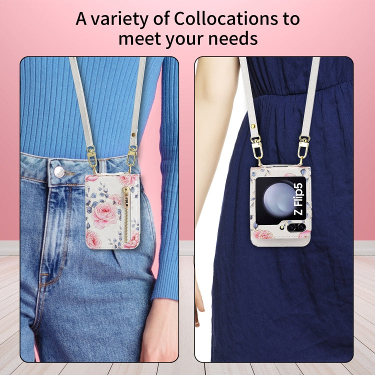For Samsung Galaxy Z Flip5 POLA Rose Pattern Multi-Card Slots Zipper Wallet Phone Case(White)