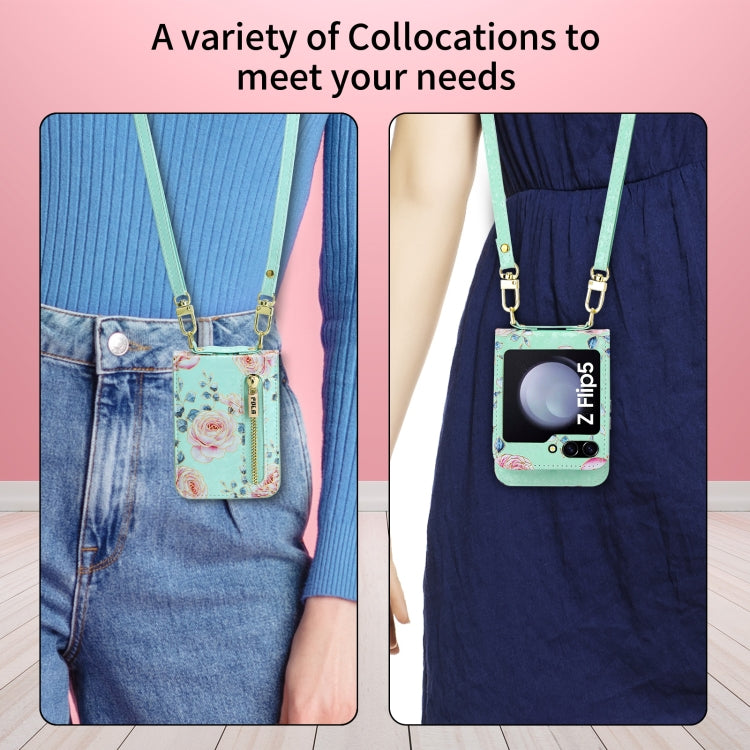 For Samsung Galaxy Z Flip5 POLA Rose Pattern Multi-Card Slots Zipper Wallet Phone Case(Cyan)