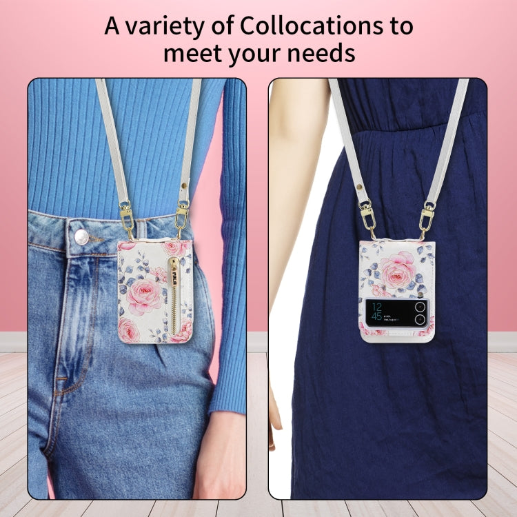 For Samsung Galaxy Z Flip4 POLA Rose Pattern Multi-Card Slots Zipper Wallet Phone Case(White)