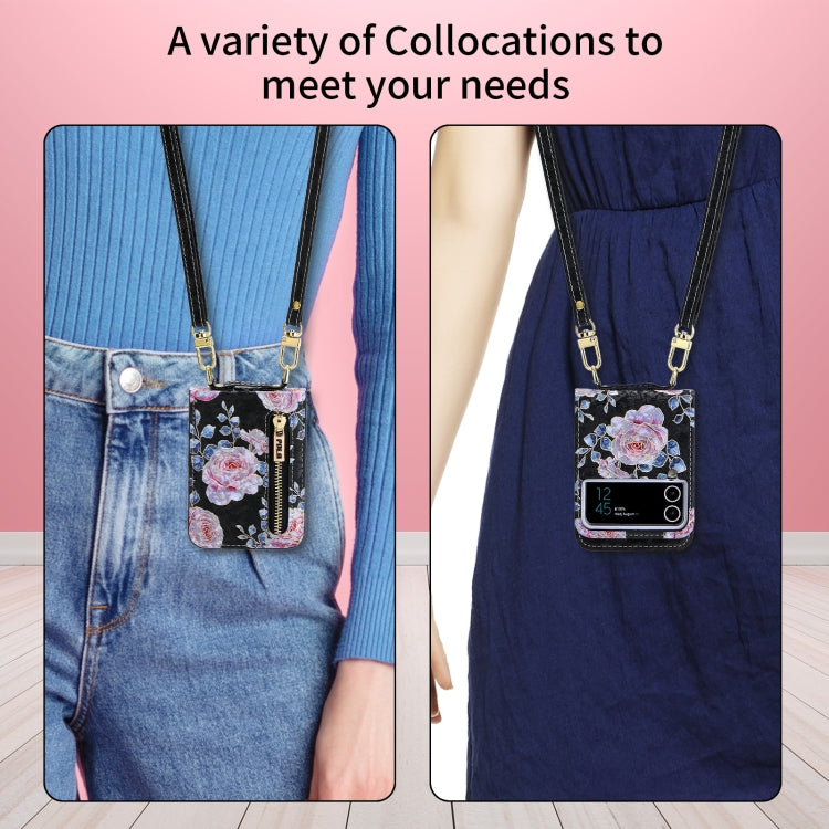 For Samsung Galaxy Z Flip4 POLA Rose Pattern Multi-Card Slots Zipper Wallet Phone Case(Black)