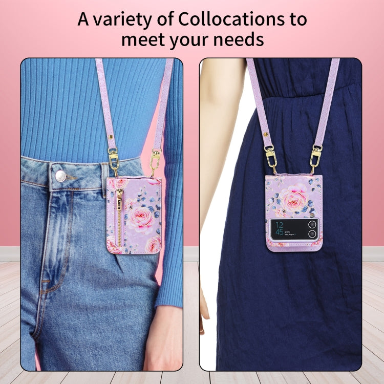 For Samsung Galaxy Z Flip3 5G POLA Rose Pattern Multi-Card Slots Zipper Wallet Phone Case(Purple)