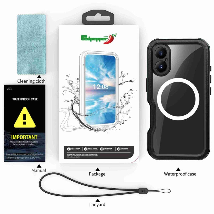 For iPhone 16 Plus RedPepper IP68 Waterproof Triple-proof MagSafe Phone Case(Black Blue)