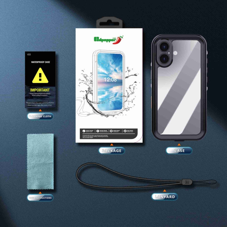 For iPhone 16 RedPepper Transparent Dot IP68 Waterproof Triple-proof Phone Case(Black Dark Grey)