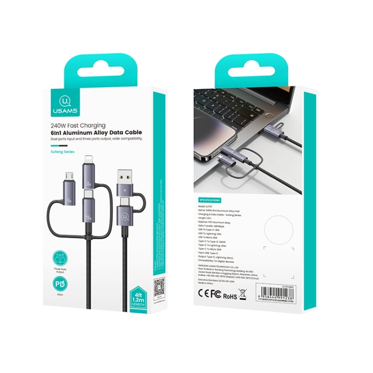 USAMS SJ737 240W 6 in 1 Aluminum Alloy Fast Data Charging Cable, Length: 1.2m(Gun Color)