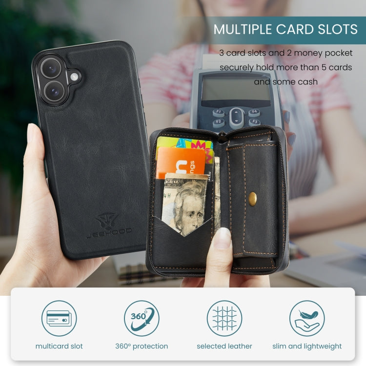 For iPhone 16 Plus JEEHOOD J02 Magnetic Zipper Horizontal Flip Leather Phone Case(Black)