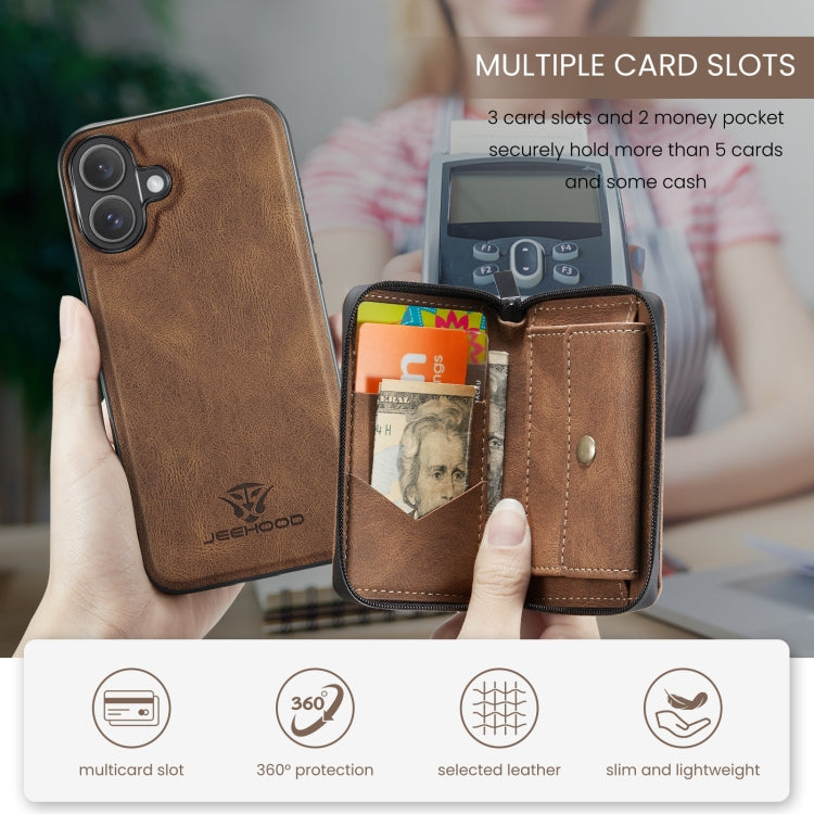 For iPhone 16 Plus JEEHOOD J02 Magnetic Zipper Horizontal Flip Leather Phone Case(Brown)