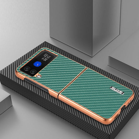 For Samsung Galaxy Z Flip4 5G AZNS Electroplated Edge Carbon Fiber Texture Phone Case(Green)