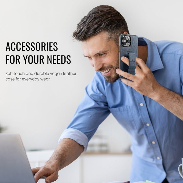 For iPhone 14 Pro Fierre Shann Oil Wax Cow Leather Holder Back Phone Case(Blue)