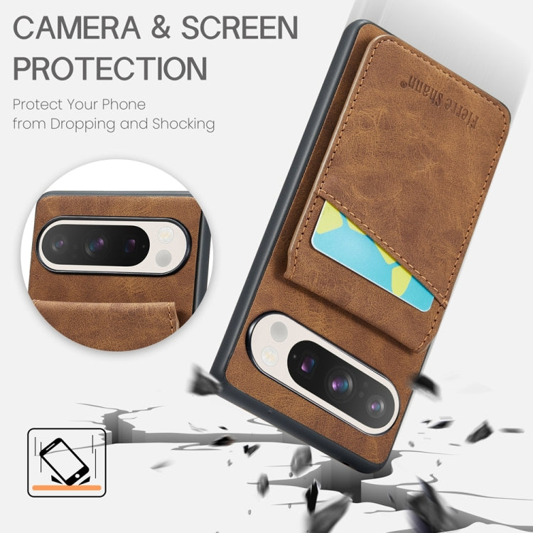 For Google Pixel 9 Pro XL Fierre Shann Crazy Horse Card Holder Back Cover PU Phone Case(Brown)