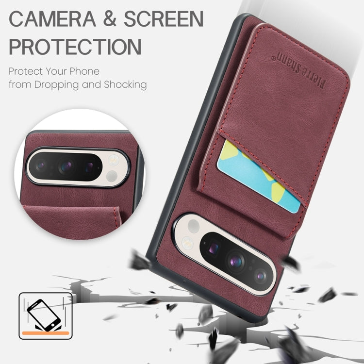 For Google Pixel 9 Pro XL Fierre Shann Crazy Horse Card Holder Back Cover PU Phone Case(Purple)