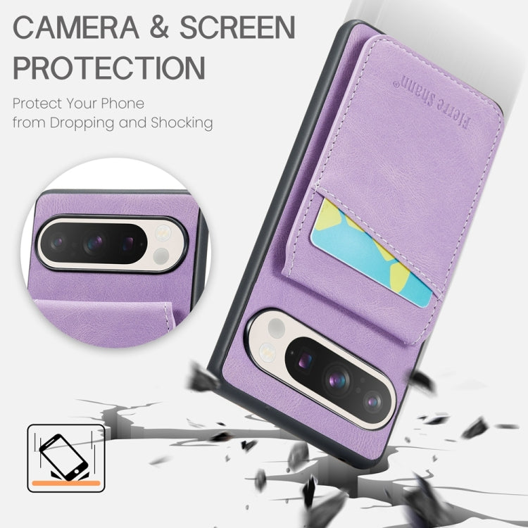 For Google Pixel 9 / 9 Pro Fierre Shann Crazy Horse Card Holder Back Cover PU Phone Case(Purple)