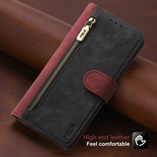 For iPhone 12 / 12 Pro POLA Dual-color Zipper Wallet RFID Leather Phone Case(Red Black)