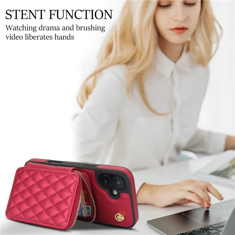 For iPhone 16 AwQuer Crossbody Zipper Wallet Rhombic Leather Back Phone Case(Red)