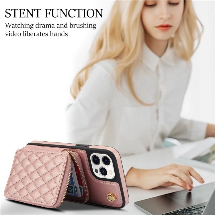 For iPhone 15 Pro Max AwQuer Crossbody Zipper Wallet Rhombic Leather Back Phone Case(Rose Gold)