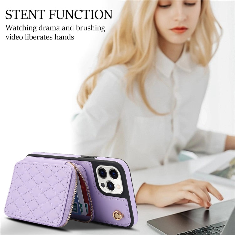 For iPhone 15 Pro Max AwQuer Crossbody Zipper Wallet Rhombic Leather Back Phone Case(Purple)