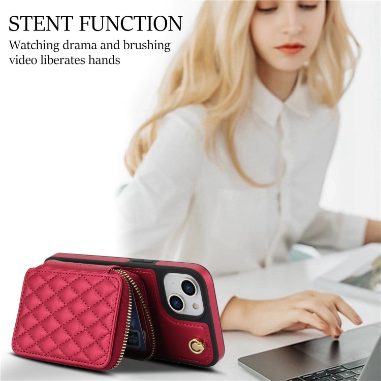 For iPhone 15 Plus AwQuer Crossbody Zipper Wallet Rhombic Leather Back Phone Case(Red)
