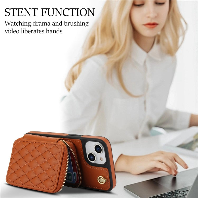 For iPhone 15 Plus AwQuer Crossbody Zipper Wallet Rhombic Leather Back Phone Case(Brown)