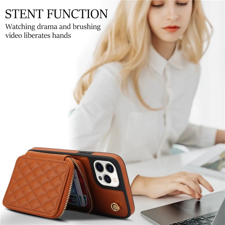 For iPhone 13 Pro AwQuer Crossbody Zipper Wallet Rhombic Leather Back Phone Case(Brown)