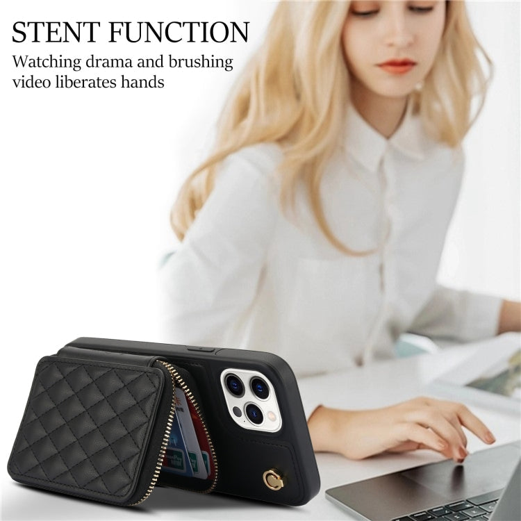 For iPhone 11 Pro AwQuer Crossbody Zipper Wallet Rhombic Leather Back Phone Case(Black)