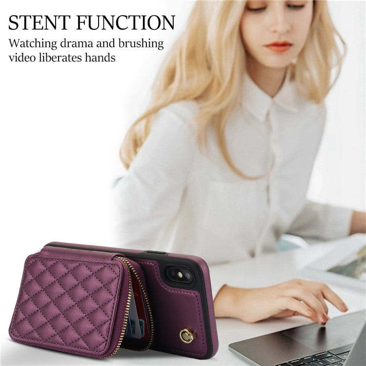 For iPhone X / XS AwQuer Crossbody Zipper Wallet Rhombic Leather Back Phone Case(Dark Purple)