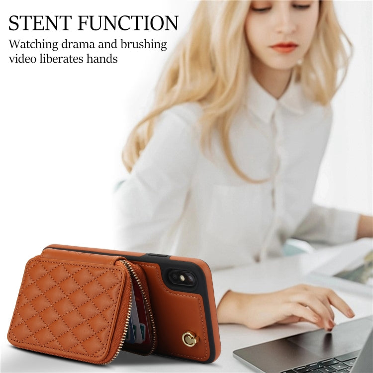 For iPhone X / XS AwQuer Crossbody Zipper Wallet Rhombic Leather Back Phone Case(Brown)