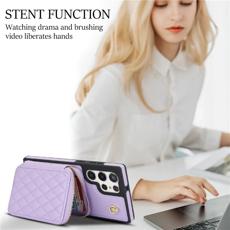 For Samsung Galaxy S22 Ultra 5G AwQuer Crossbody Zipper Wallet Rhombic Leather Back Phone Case(Purple)